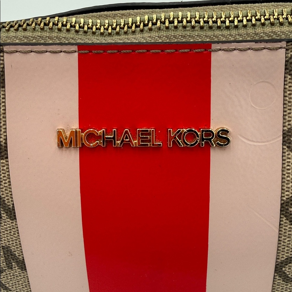 Michael Kors Brown Monogram Crossbody with Red and Pink Stripes - Picture 2 of 9
